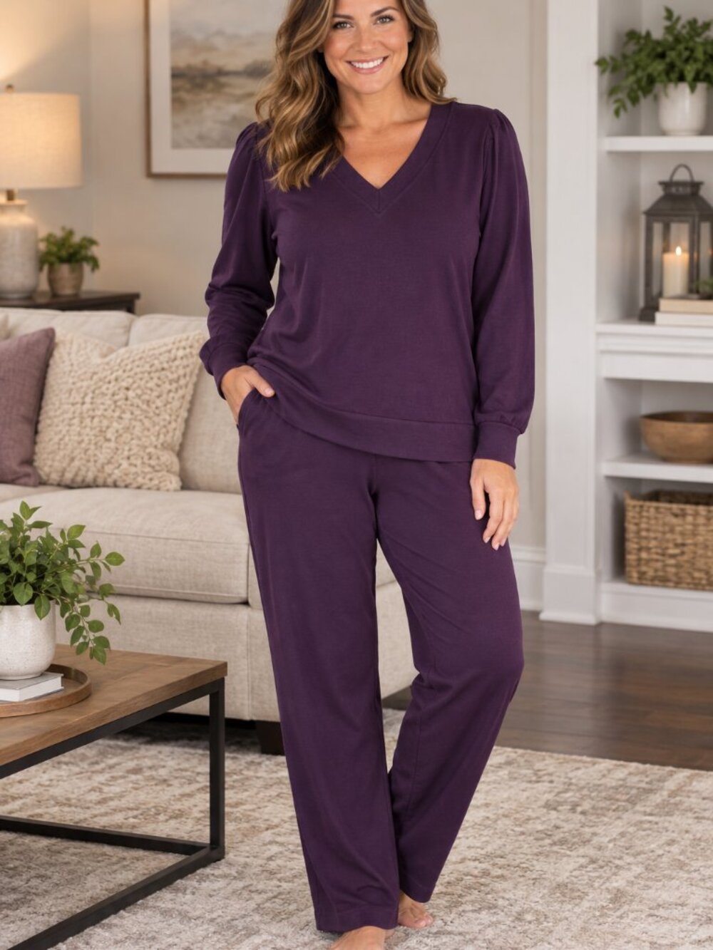 ANY BODY (2) Piece Top & Pants w/Pockets V-Neck Pull-On Style Eggplant NWOT L